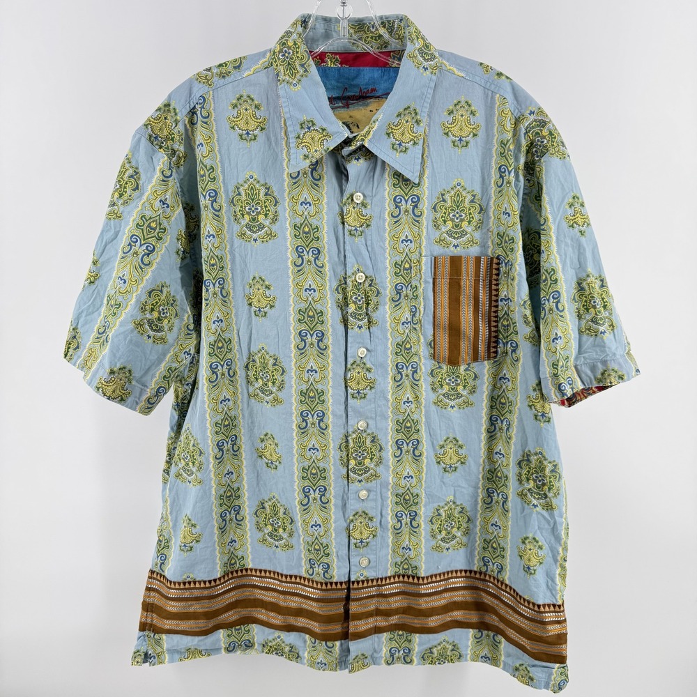 Robert Graham Shirt Mens XL Blue Stripe Short Sleeve Button Up Cotton Casual